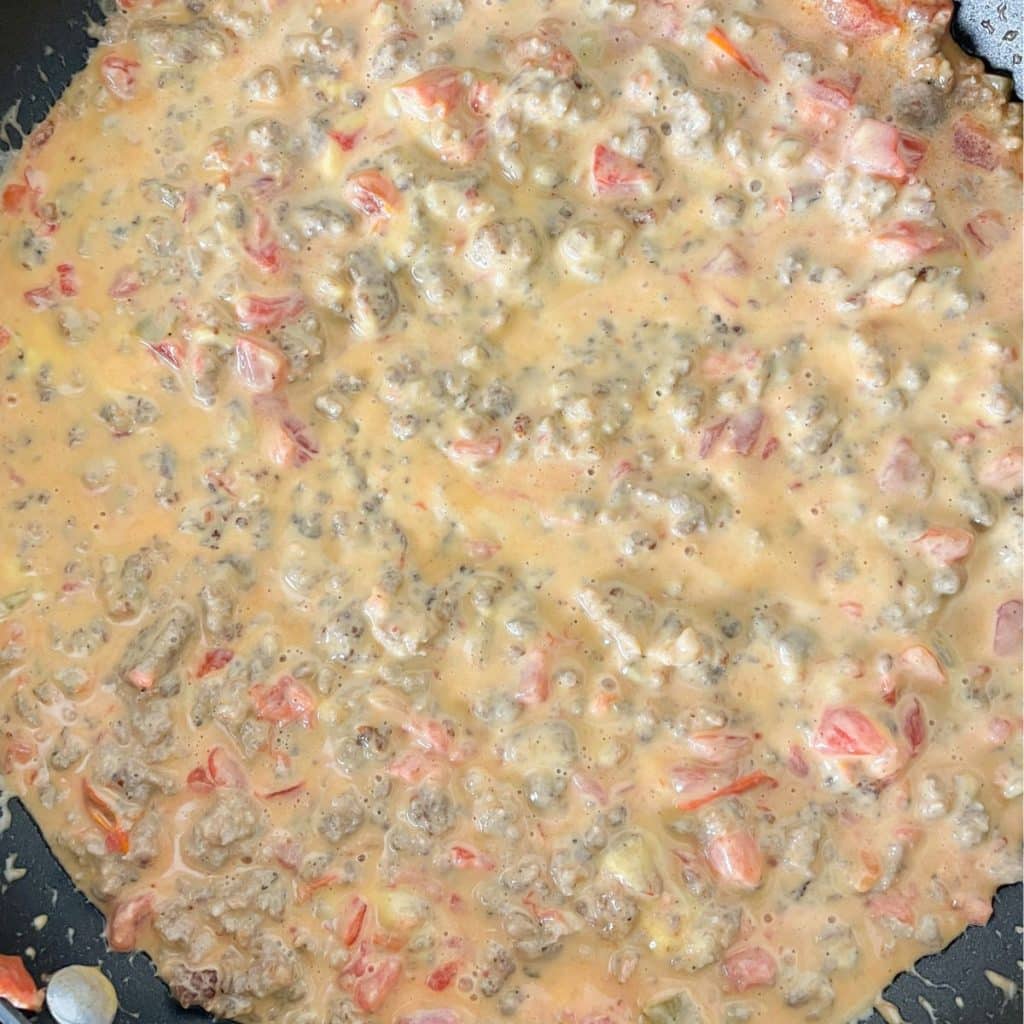 Skillet with cheese and sausage dip. 