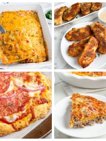 Breakfast casserole, chicken tenders, pizza, and piece of quiche on plate.