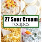 Bowl with cream cheese dip, sugar cookies with frosting, cheesy potatoes pin for pinterest.