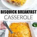 Piece of breakfast casserole on a plate.