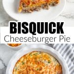 Piece of cheeseburger pie on a plate and in pie dish.