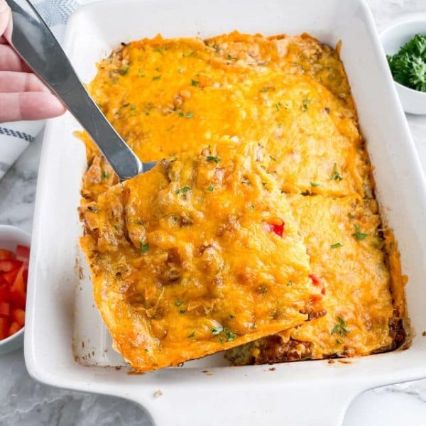 Spatula with breakfast casserole.