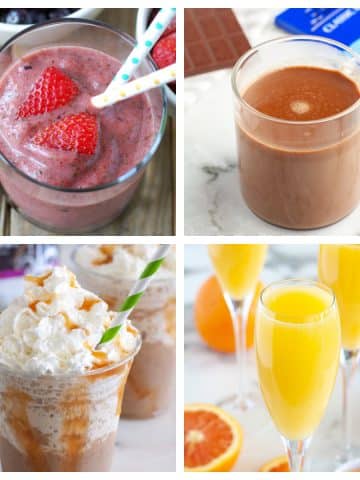 Smoothie, hot chocolate, frappuccino, and mimosa.