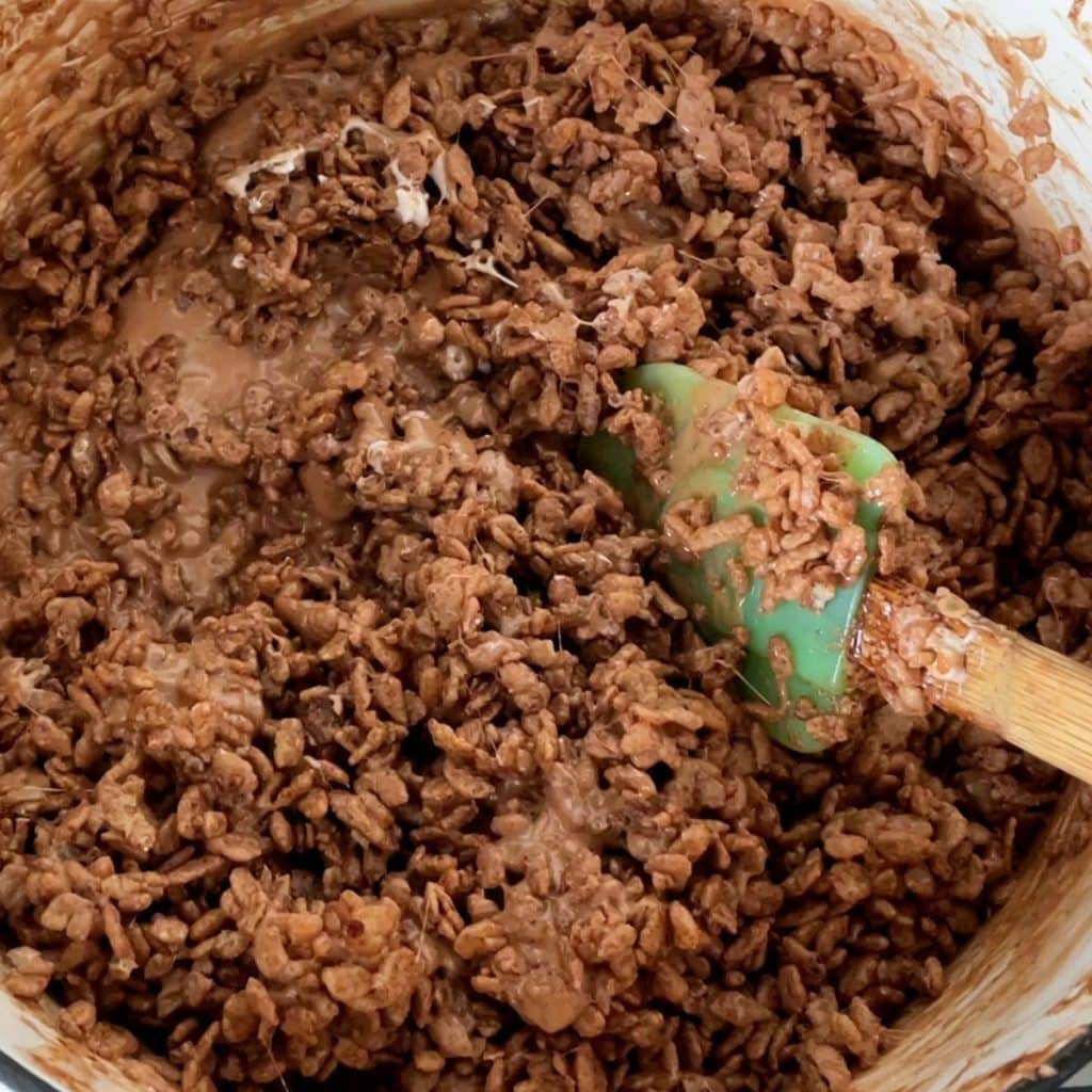 Saucepan with chocolate rice krispies. 