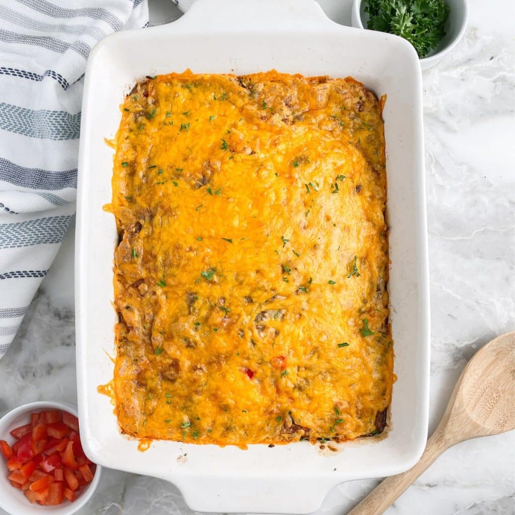  Casserole dish filled with breakfast casserole.