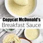 Bowl of yellow sauce and a bagel with scrambled egg.
