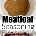 Bowl of seasonings and cooked meatloaf.