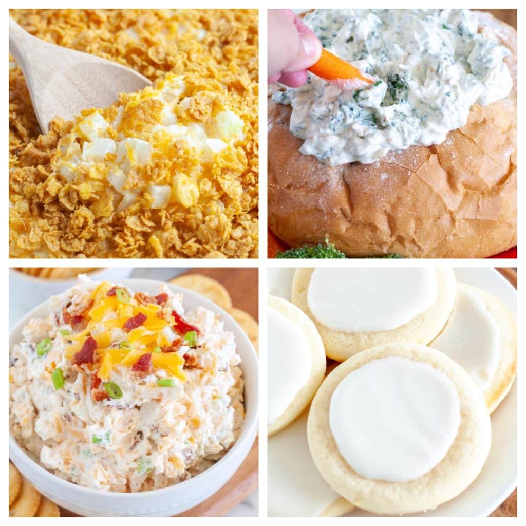 Cheesy potatoes, bread bowl with spinach dip, sugar cookies with frosting. 