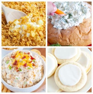 Cheesy potatoes, bread bowl with spinach dip, sugar cookies with frosting.