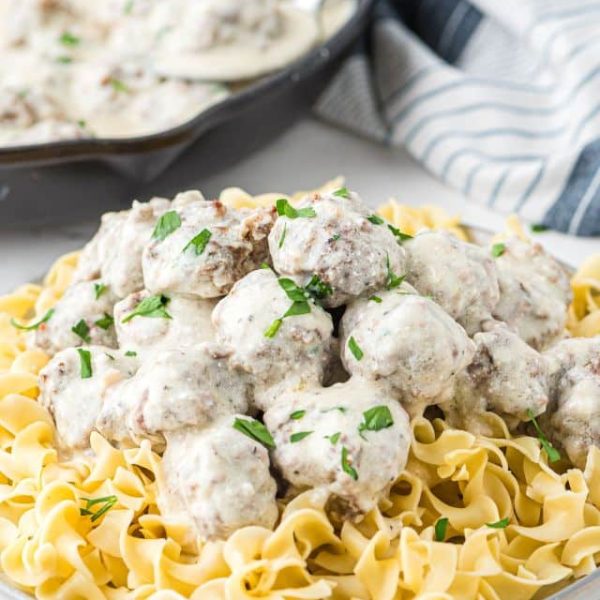 Bowl with egg noodles and Swedish meatballs.