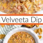 Dish of Velveeta dip with sausage.