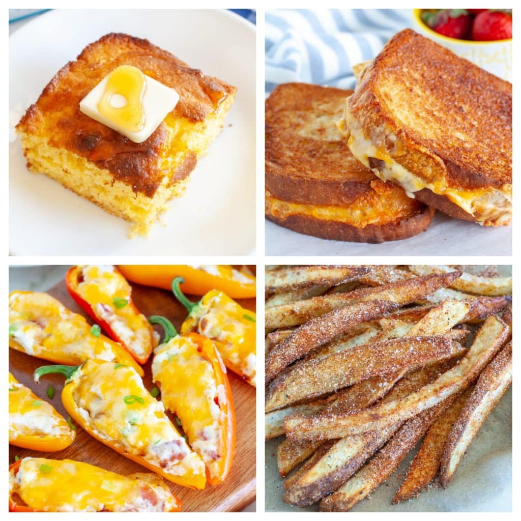 Piece of cornbread, grilled cheese, stuffed peppers, and french fries. 