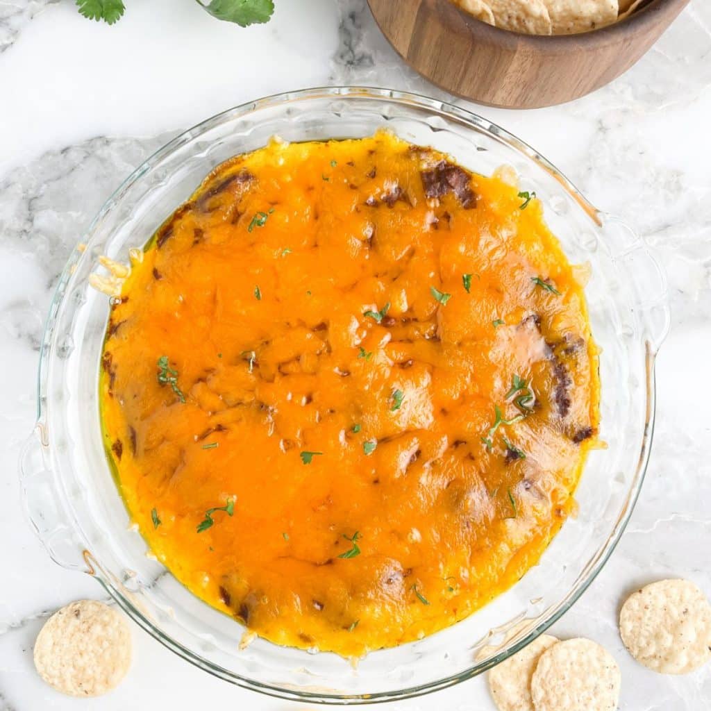 Pie plate with a cheesy dip. 