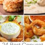Biscuits, soup, creamy dip, and fried shrimp.