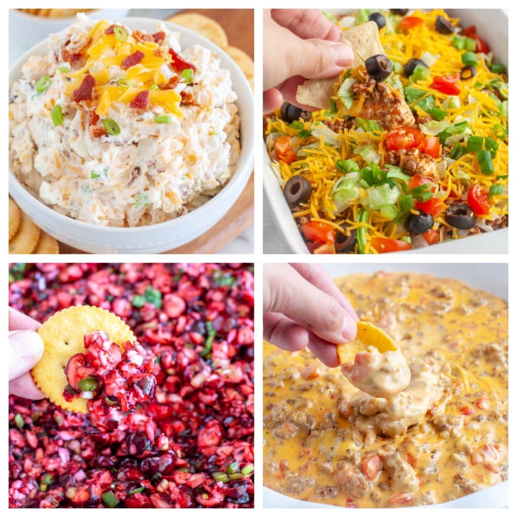 Cream cheese dip, taco dip, cranberry dip, and sausage dip. 