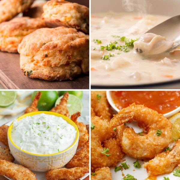 Biscuit, chowder, fried shrimp, and bowl of creamy sauce.