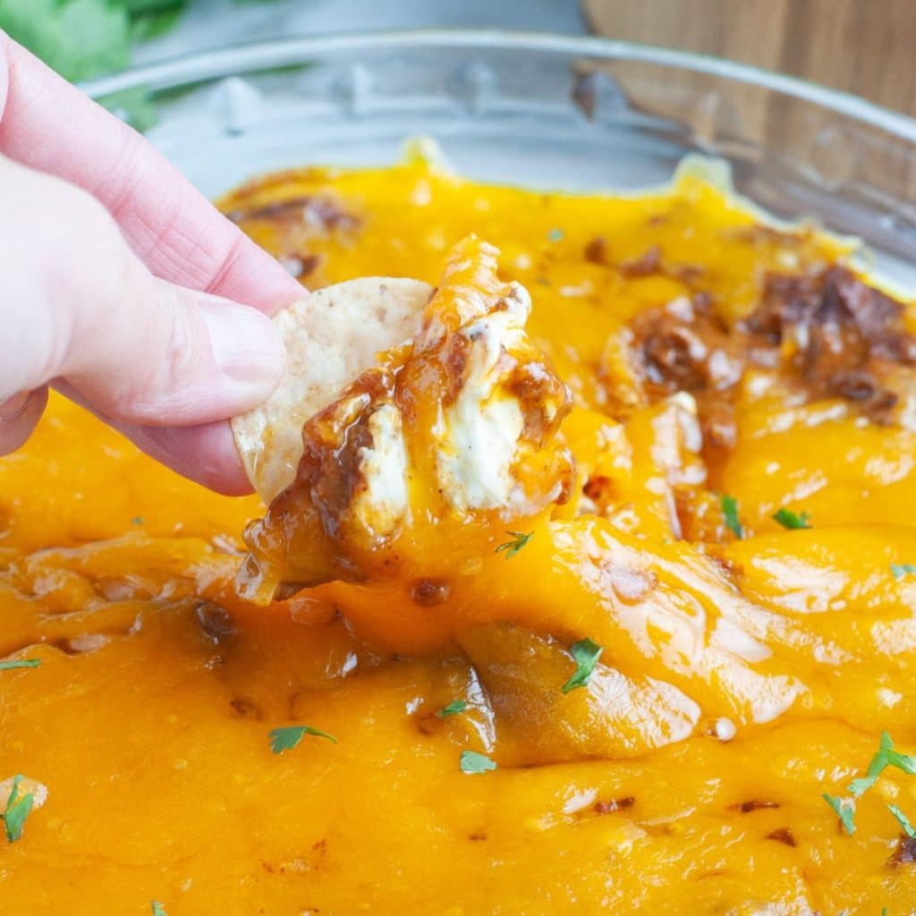 Hand holding chip with cheese dip. 