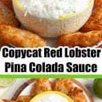 Coconut shrimp dipping into creamy sauce.