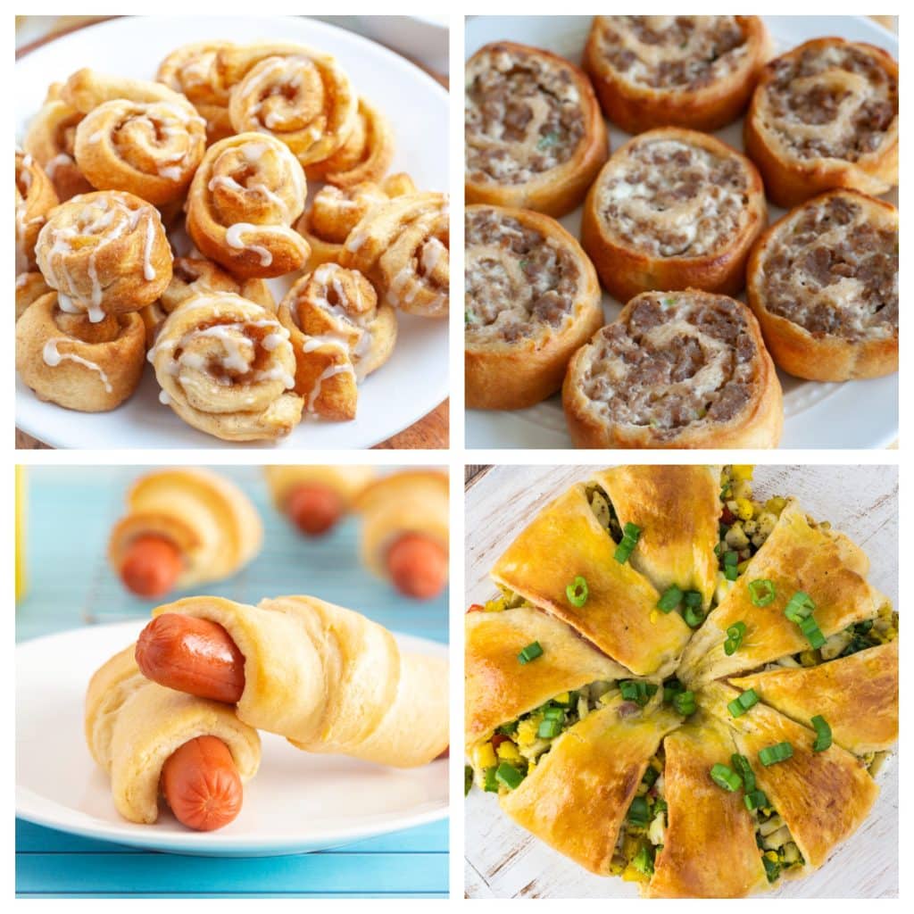 Cinnamon rolls, sausage rolls, breakfast roll, and pigs in a blanket. 