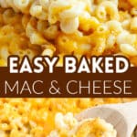 Cheese baked mac and cheese with a wooden spoon.