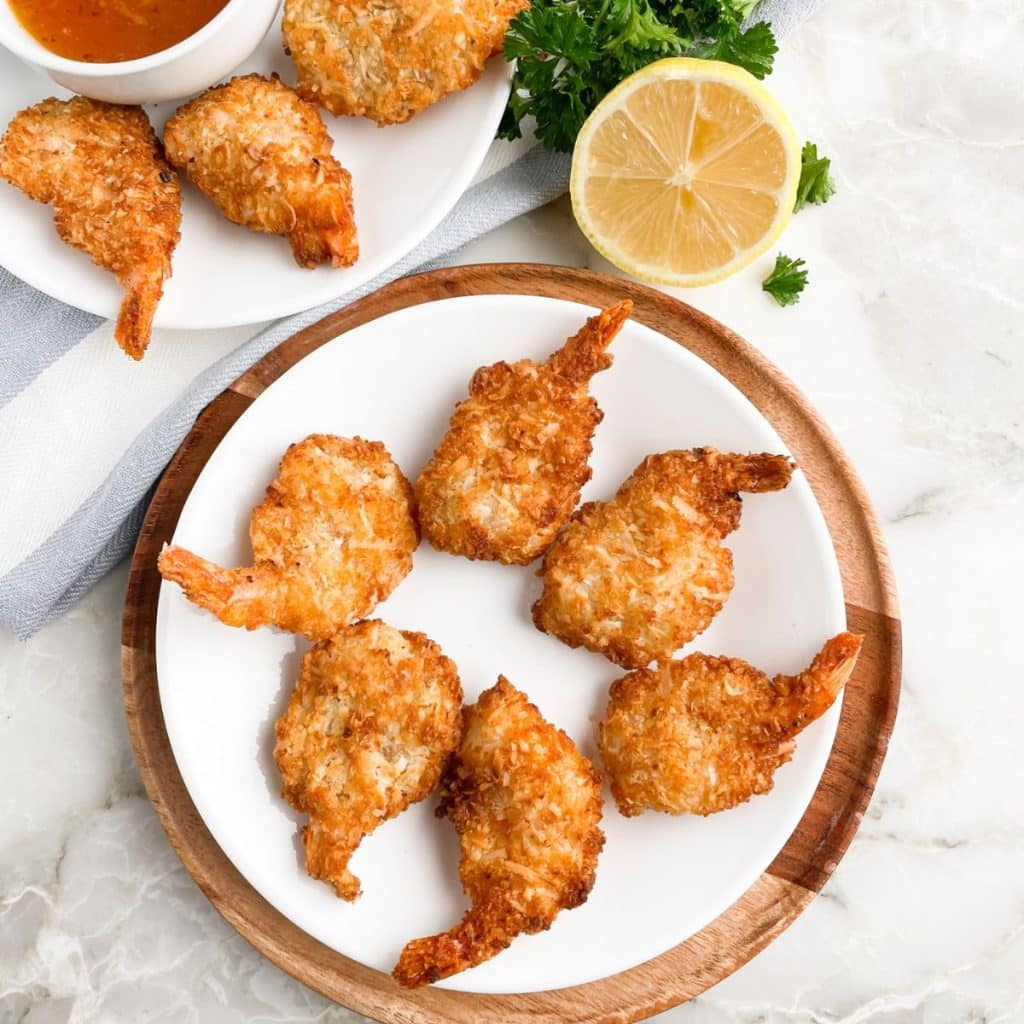 Plate with coconut shrimp. 