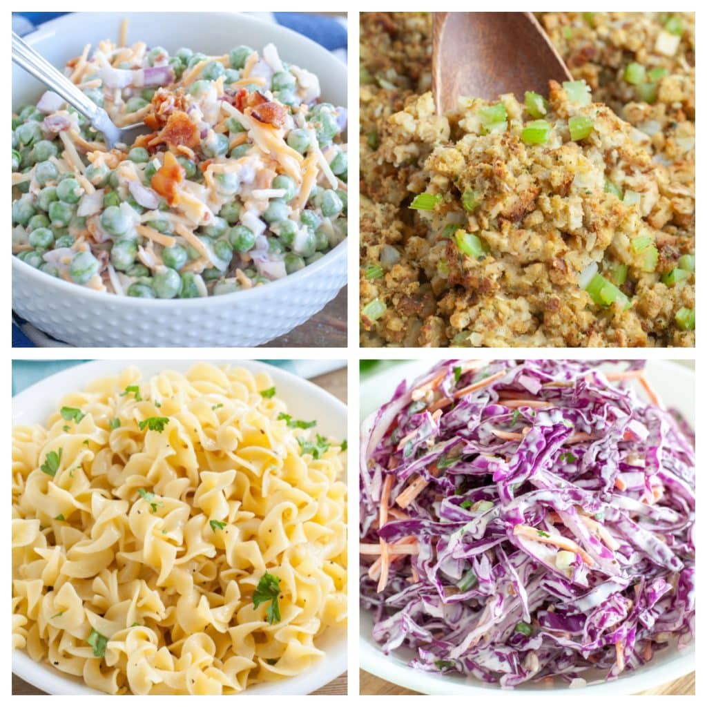 Pea salad, stuffing, bowl of noodles, purple cabbage slaw. 