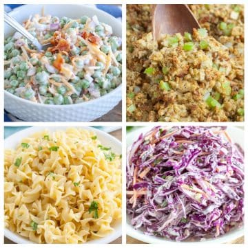 Pea salad, stuffing, bowl of noodles, purple cabbage slaw.