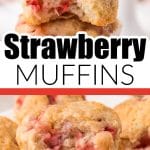 Strawberry muffin with bite out of it.