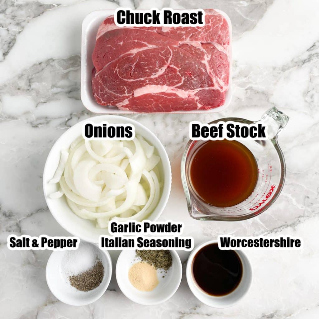 Chuck roast, bowl of sliced onions, bowl of seasonings, stock, and Worcestershire sauce.