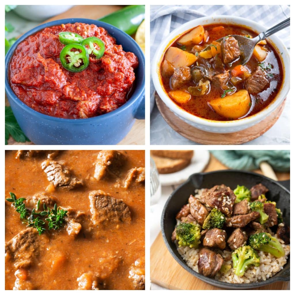 Beef stew, beef and broccoli, and goulash. 