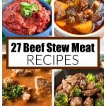 Bowl of chili, beef stew, goulash, and beef and broccoli.