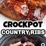 Country style ribs on a plate and in crockpot.