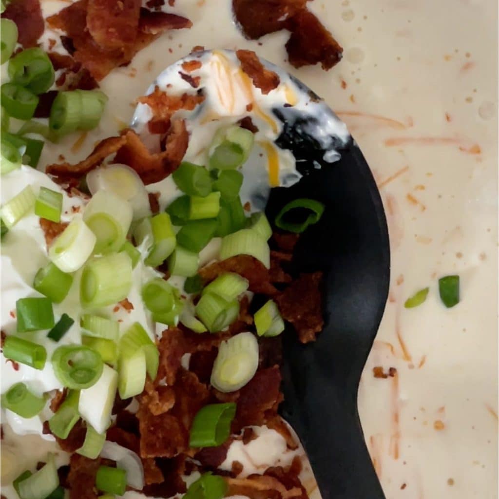 Spoon with cream, green onion, bacon and sour cream.