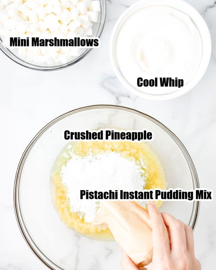 Bowl of cool whip, crushed pineapple, and pudding mix. 