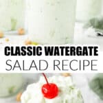 Cups filled with Watergate salad topped with a cherry.