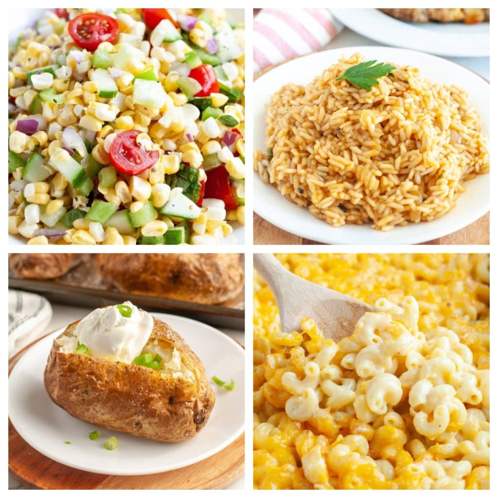 Corn salad, rice, baked potato, and mac and cheese.