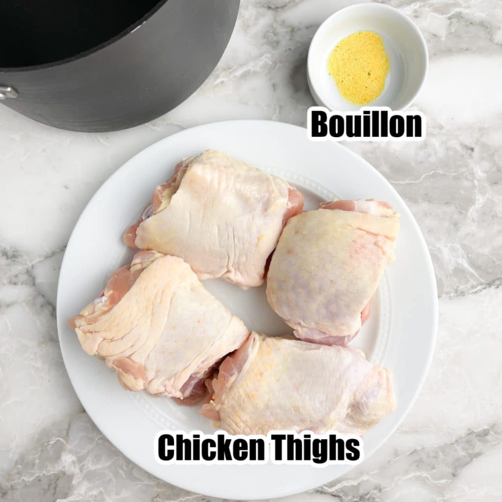 Plate of uncooked chicken thighs and bowl of bouillon. 