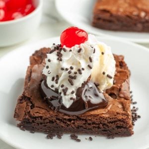 Brownie sundae on a plate.