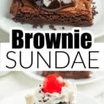 Brownie topped with ice cream, whipped cream and cherry.