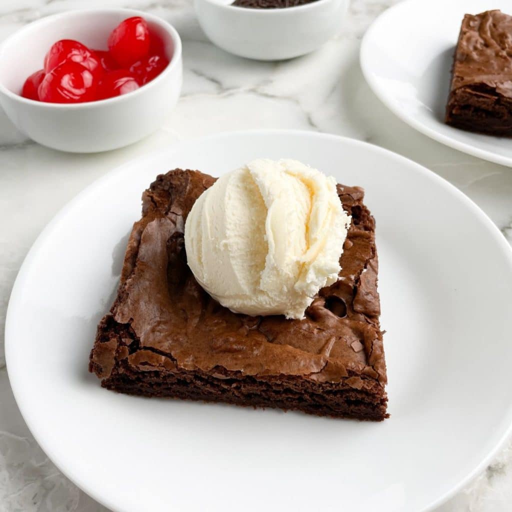 Plate with brownie and scoop of ice cream. 