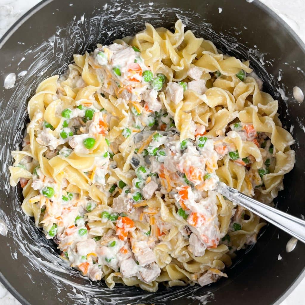 Pot with egg noodles, veggies, and cream. 