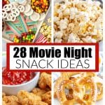 Popcorn, plate of candy, popcorn chicken, and soft pretzel.