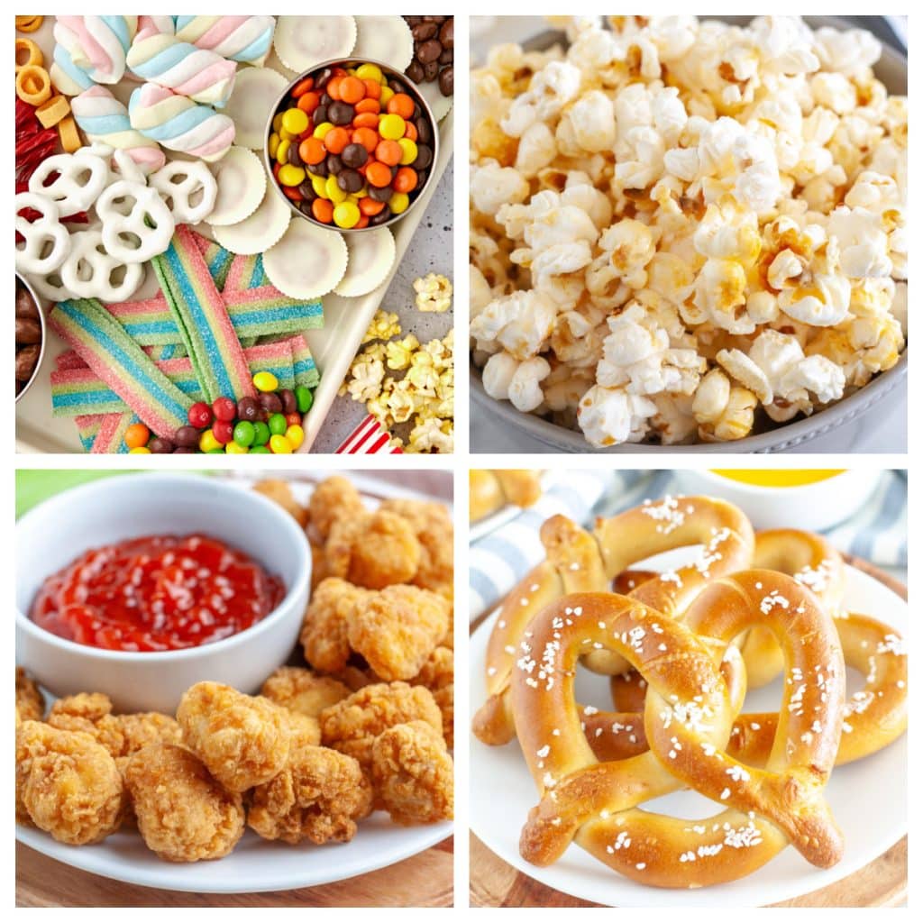 Candy, popcorn, chicken nuggets, and soft pretzel. 