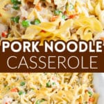 Pork, noodle, vegetable casserole in a casserole dish with wooden spoon.