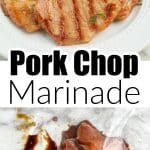 Cooked pork chops on a plate and pork chops in marinade.