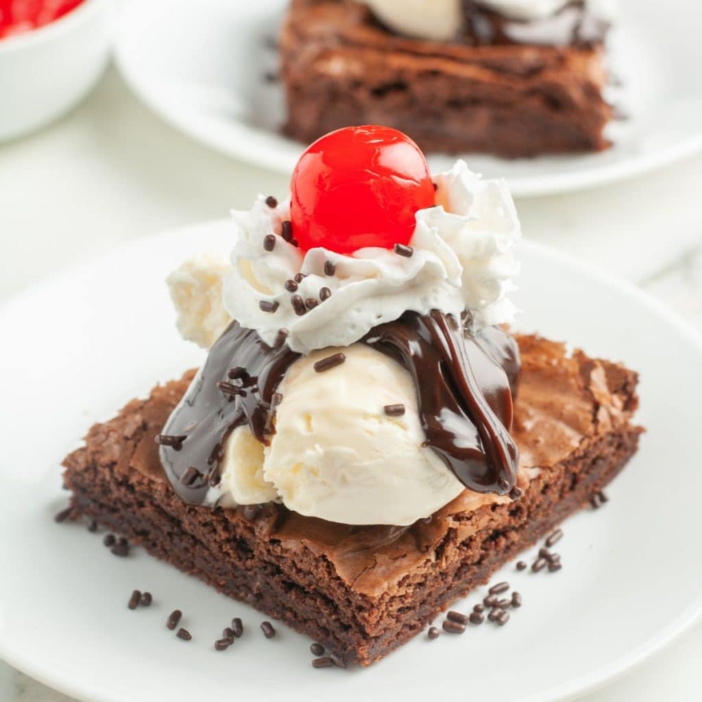 Brownie sundae on a plate.