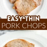 Cooked thin pork chops on a plate.