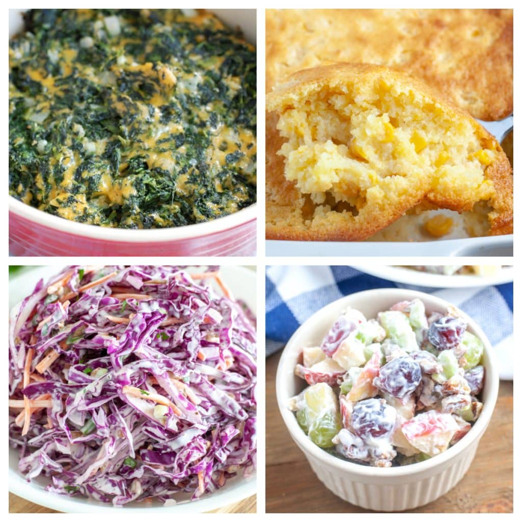 Spinach casserole, corn casserole, slaw, and fruit salad. 