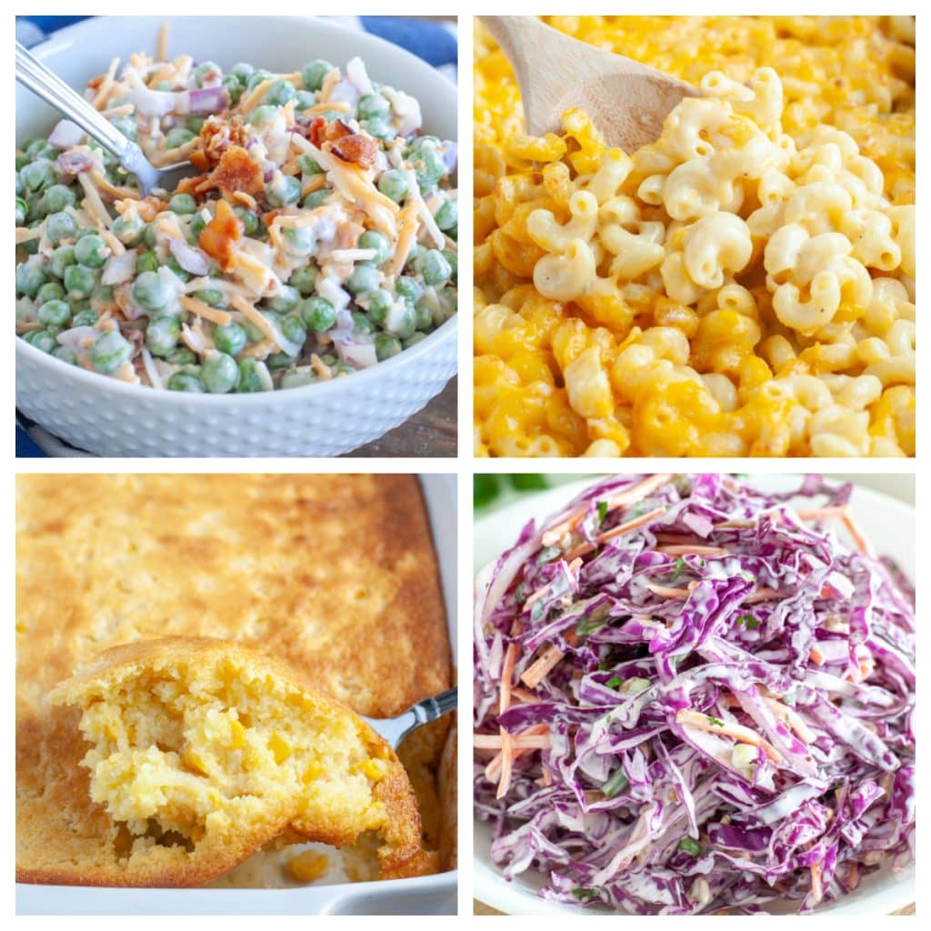 Pea salad, slaw, mac and cheese, corn pudding.