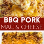 BBQ pork macaroni and cheese casserole in a casserole dish with a wooden spoon.